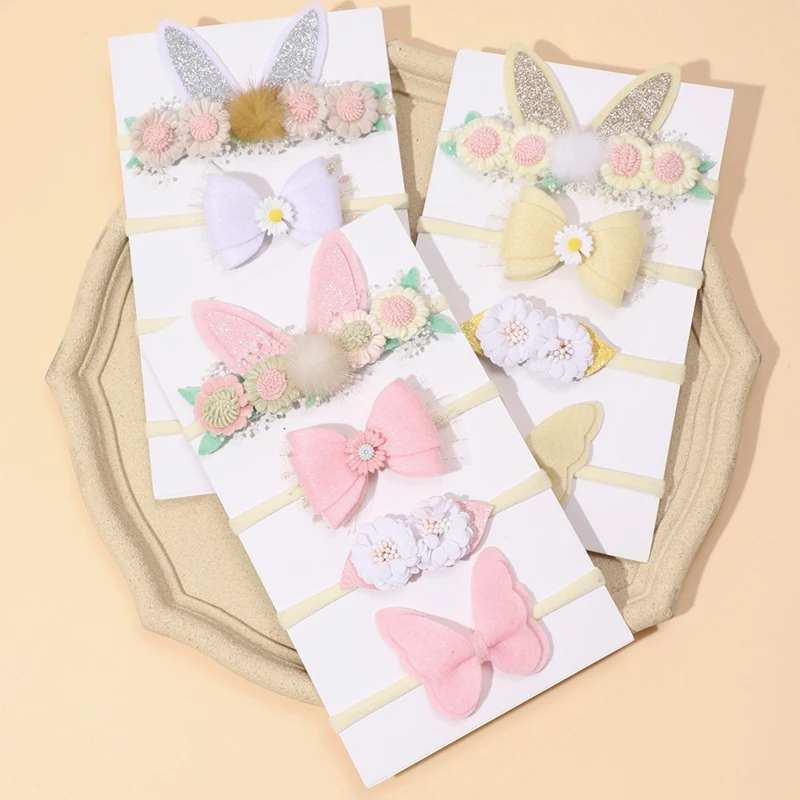 

4Pcs/Set Bunny Ear Headband Baby Girl Flower Hairbands Bow Felt Cloth Hair Band Children Pompom Newborn Cute Sequin Accessories