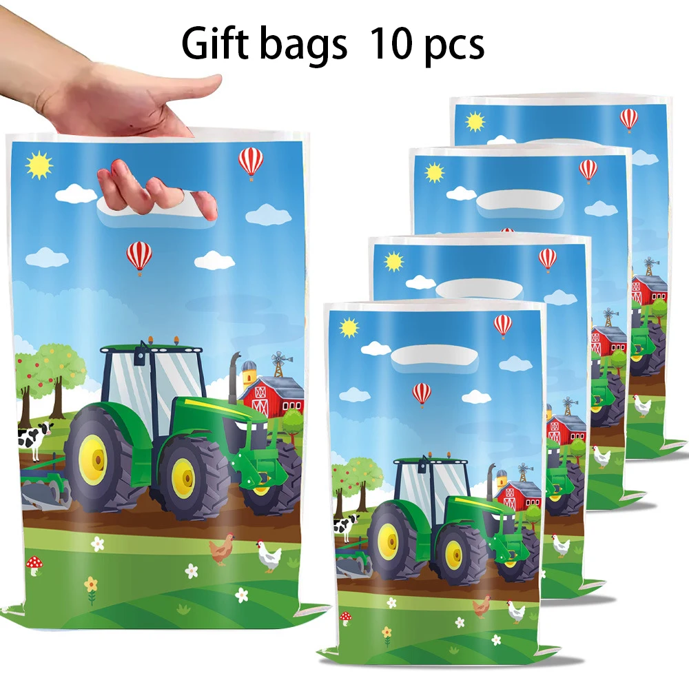 Green Farm Tractor Birthday Party Tableware Set with Banner, Balloons, Cups, Plates, and Napkins