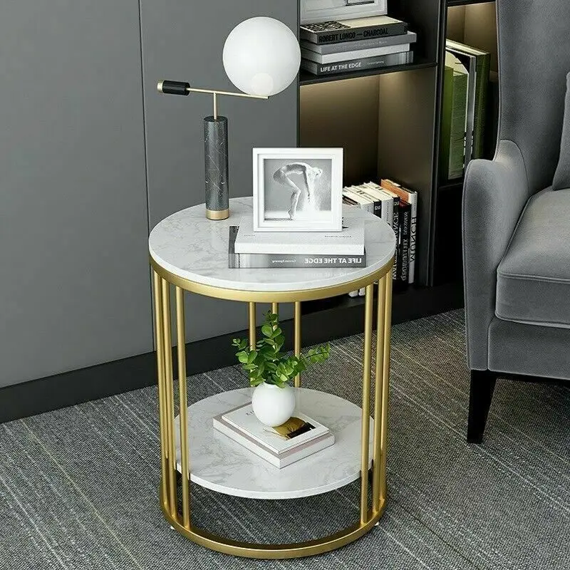 2-Tier White Marble Side Table Round Coffee Table Nightstand Jewellery Storage — view 4