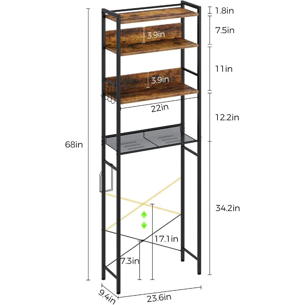Rolanstar Over The Toilet Storage 4-Tier Wooden Bathroom Space Saver with Hooks Freestanding Bathroom Organizer bathroom furniture