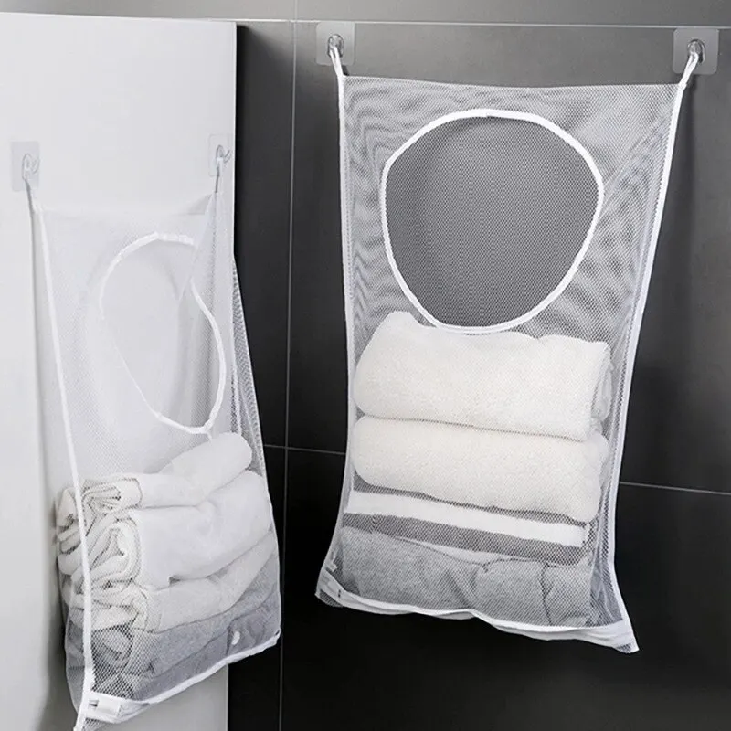 Hanging Storage Organizer Hanging Storage Bag Wall Mounted Organizer Dirty Clothes Storage Bag Basket Frame Bucket Foldable Mesh Laundry Bathroom Wall Hanging Household Clothing Organizer With Hook