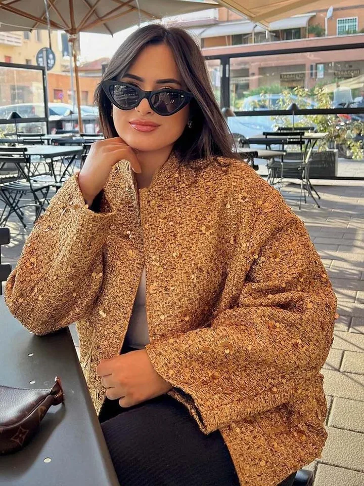 TRAF 2023 Autumn Jackets New Fashion Sequin Gold Jacket For