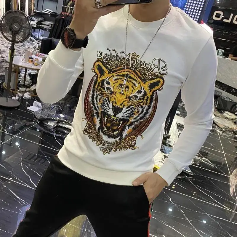 Men's Crewneck Long-sleeve hoodies Spring and Autumn New Tiger Head Fashionable Printed All-match T-shirt Sweatshirts Top