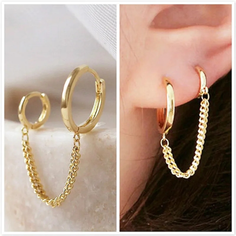 Chain Ear Clips Double Pierced Conjoined Chain Earrings for Female European and American Simple Punk Street Girls Boy Single Earrings