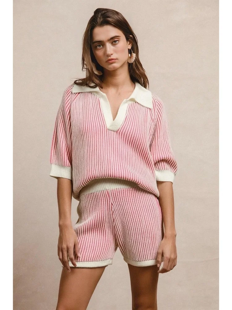 Wmstar 2025 New Women Fashionable Elegant Two Piece Sets Comfortable Loose Color Block Striped Sweater Half Sleeve Sweater