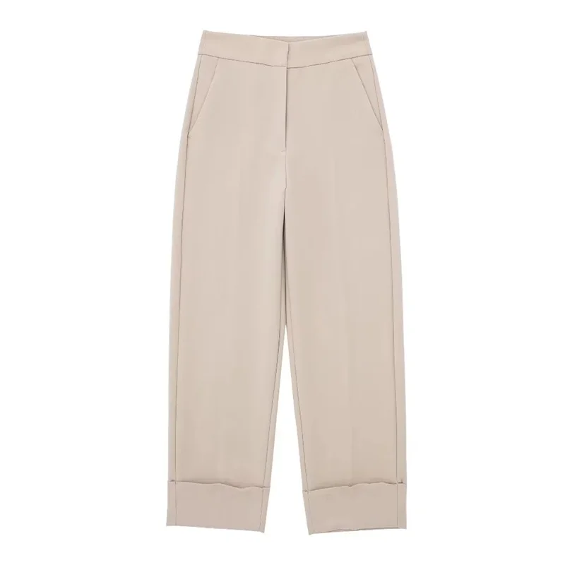 

TRAF Turned Up Cuff Straight Leg Pants For Women Autumn Commuter High Waist Pocket Pant Office Lady Trousers 2023 Elegant Female