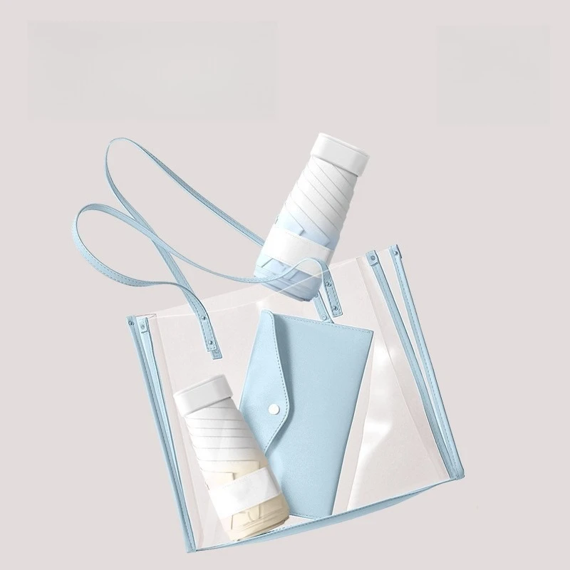 Ultra-Light 6-Fold Flat Umbrella Black Coated UV Protection Sunny and Rainy Umbrella with Portable Strap Gradient Design