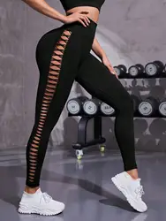 Tummy Control Butt Lifting Ladder Cutout Sports Yoga Leggings Women Spring Casual High Waist Plain Skinny Daily Yoga Leggings