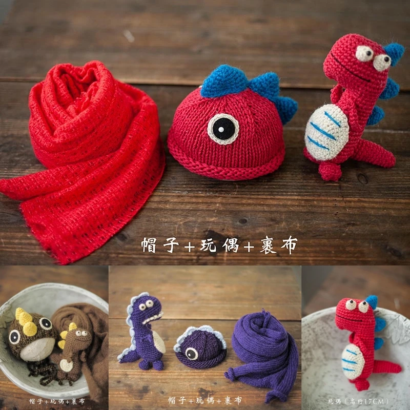 Dvotinst Newborn Baby Photography Props Cute Animal Crochet Dinosaur Hat Doll Wrap 3pcs Accessorio Studio Shooting Photo Props newborn baby photography props outfits headband background blanket 3pcs ducks cute theme set studio shooting photo props