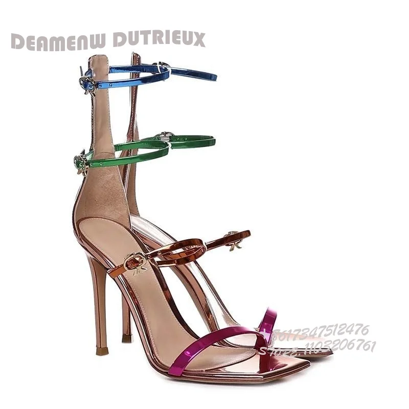 

Woman Mirror Leather Rose Red Open Stiletto Sandals Gold Zip Hollow Bling Rose Red Buckle Ribbon Striped Heels Sexy Dress Shoes