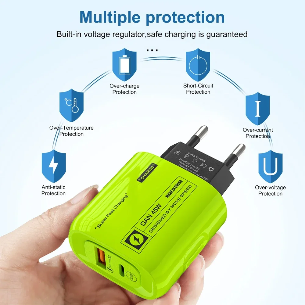 45W Fast Charger PD25W Quickly Charging QC 3.0 2Ports GAN Type-C Phone Chargers for IPhone 15 14/15 Pro Samsung Huawei Xiaomi