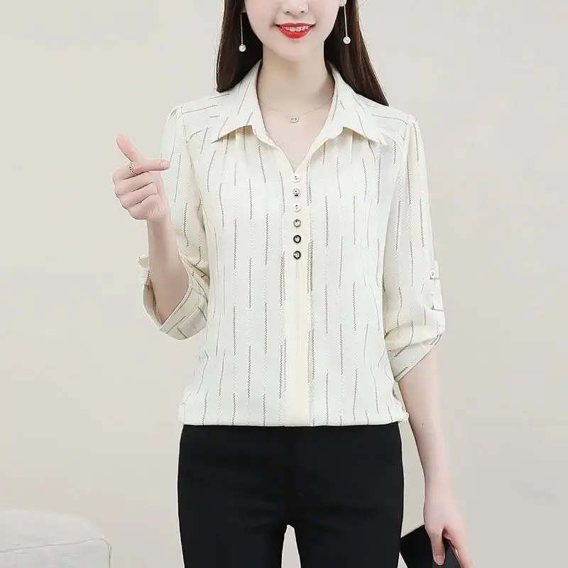 용수철 심플 올매치 블라우스, 루즈 폴로 넥, 스트라이프 단추 셔츠, 빈티지 패션, 여성 의류, 3/4 소매, 여름 신상