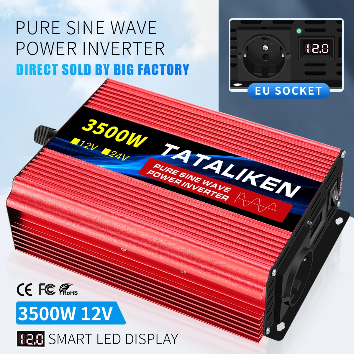 순수 사인파 인버터 DC 12V 24V  AC 220V 전압 EU 소켓 50Hz LCD 화면 4500/3500/2500/1600W PowerConverter