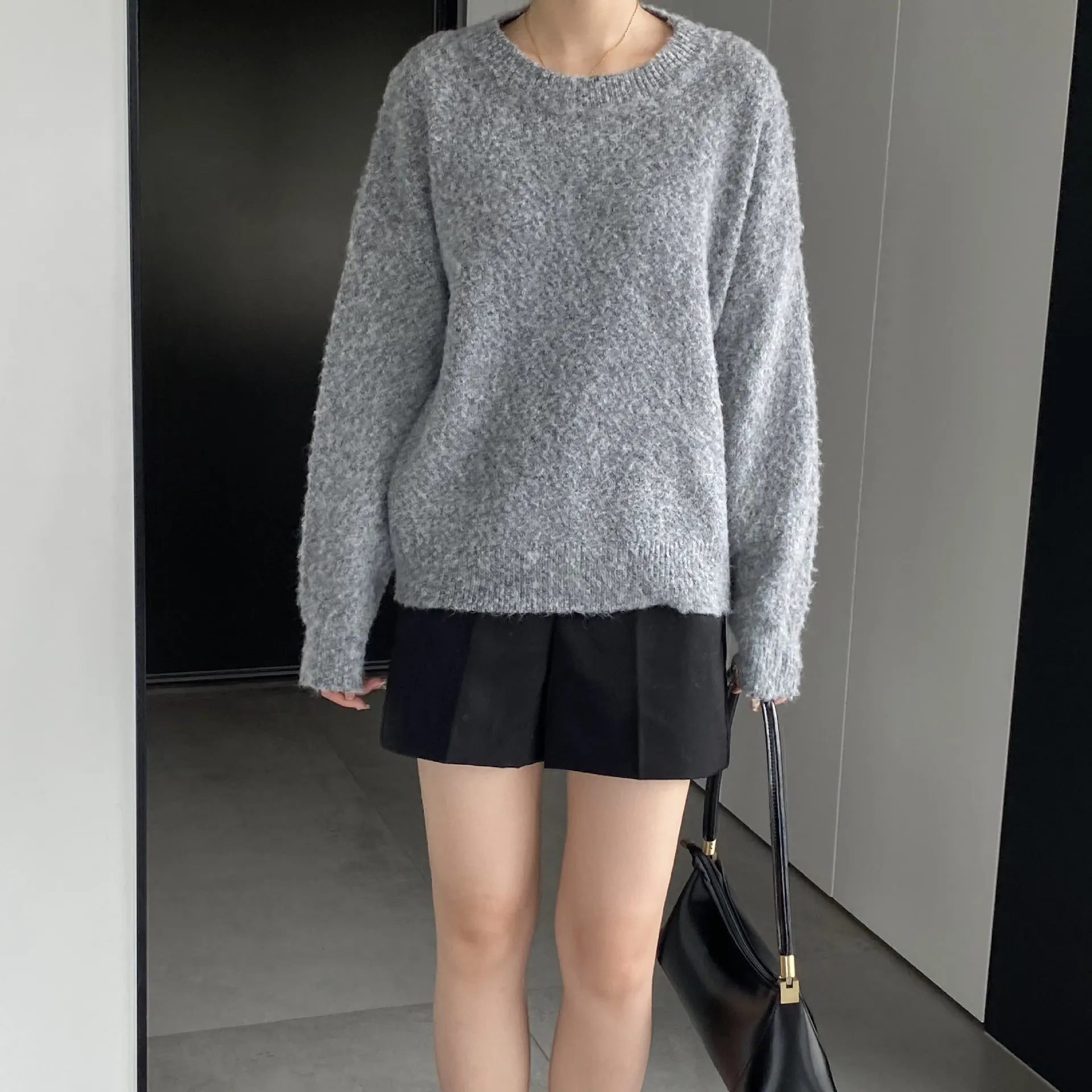 RZIV Damen-Pullover, lässig, einfarbig, Rundhalsausschnitt, weich, langärmelig, lockerer Pullover – Detail 5