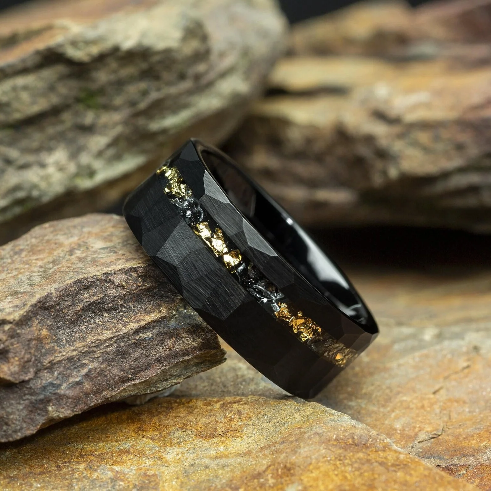 8mm Meteorite Gold Leaf Black Tungsten Carbide Rings For Men, Wedding Engagement Band