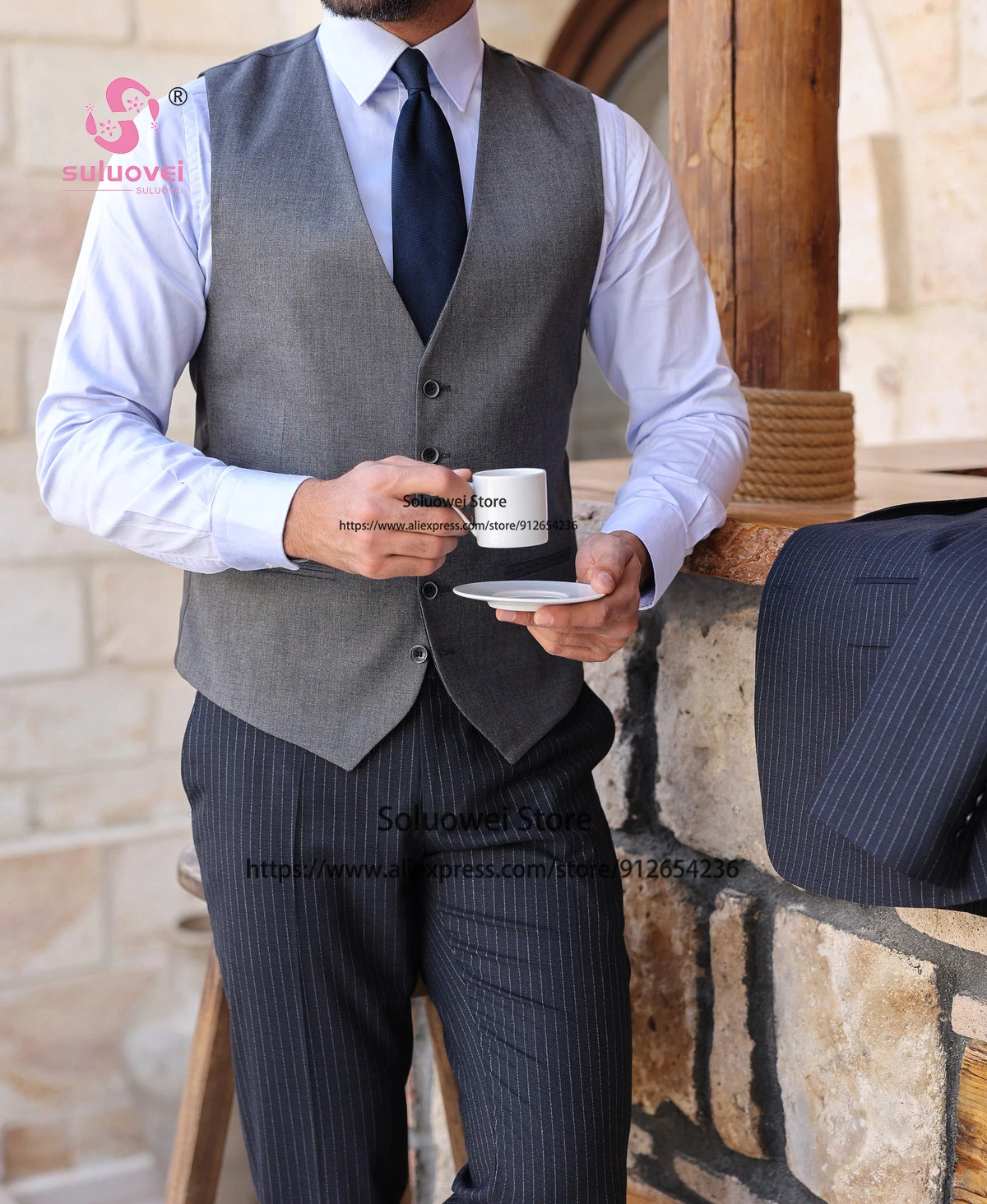 Classic Pinstripe Suits For Men Slim Fit Business 3 Piece Pants Set Party Groomsmen Wedding Peaked Lapel Tuxedo Blazer Masculino