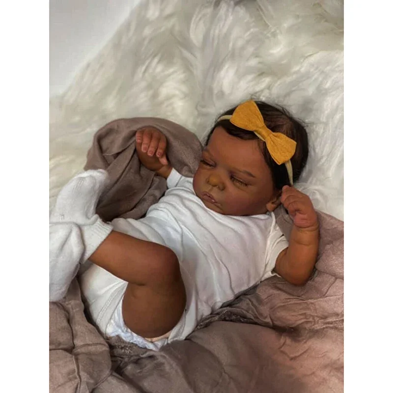 

49cm Already Painted Finished Reborn Sleeping Romy Dark Skin Baby Doll Lifelike Soft Touch 3D Skin Hand-Root Hair