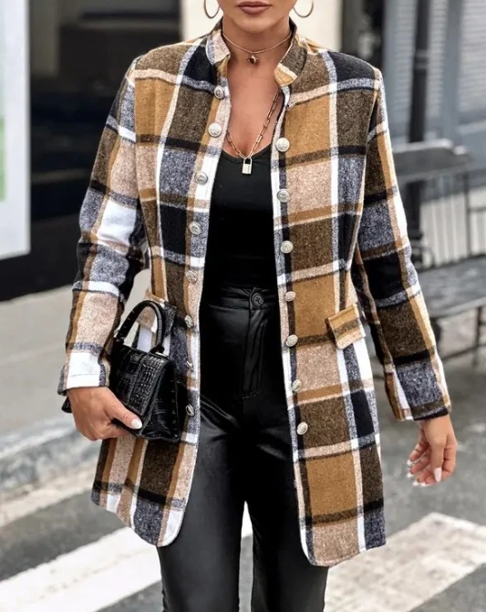 Women's Jacket 2023 Autumn Fashion Plaid Print Double Breasted Flap Detail Elegant Stand Collar Long Sleeve Work Jacket Coat