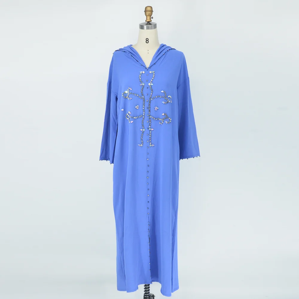 Abaya For Women Muslin Hooded Bead Jellaba Blue Hand Sewn Diamond Abstract Pattern Moroccan Dress Dubai Women's Wear Clothing