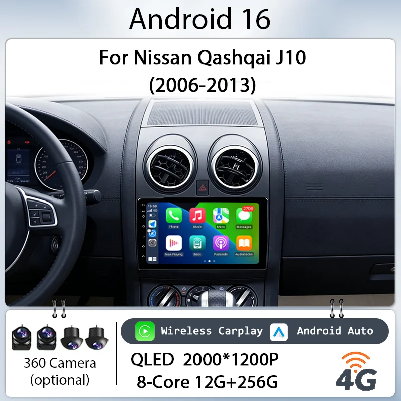 Radio Multimedia con Pantalla Táctil IPS HD de 9 Pulgadas y Android 16 para Nissan Qashqai J10 2006-2013, Reproductor Multimedia para Automóvil con CarPlay Inalámbrico, GPS, BT, WiFi y DSP 1