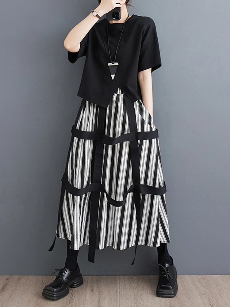 Black Vintage High Waist Stripe Spliced Ribbon Skirt Women Fashion Pocket Loose Casual Long Skirts Clothes New Summer 2025