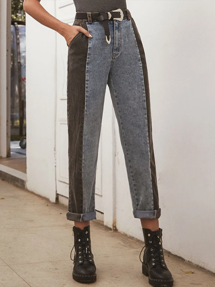 

Women's Fashion Women's Fashion Contrast Stitching All-match Wash High Waist Jeans Patchwork Casual Loose Trousers Boyfriend
