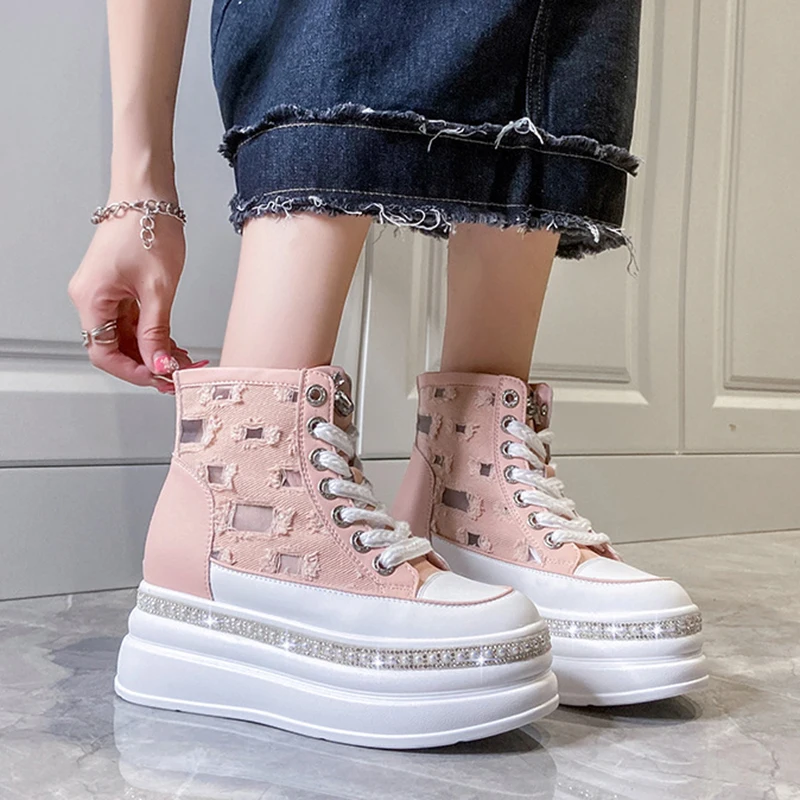 

Fashion Thick Sole Heightening 6cm Women's Shoes High Top Crystal Decoration Shoes Casual Sports Shoes Lace-up Running Shoes