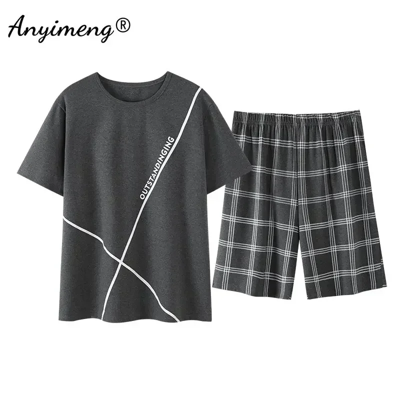 Pajama Sets L-4XL Mens Cotton Sleepwear Summer Shorts Short Sleeves Homewear for Man Casual Male Pajamas 2 Pieces Set