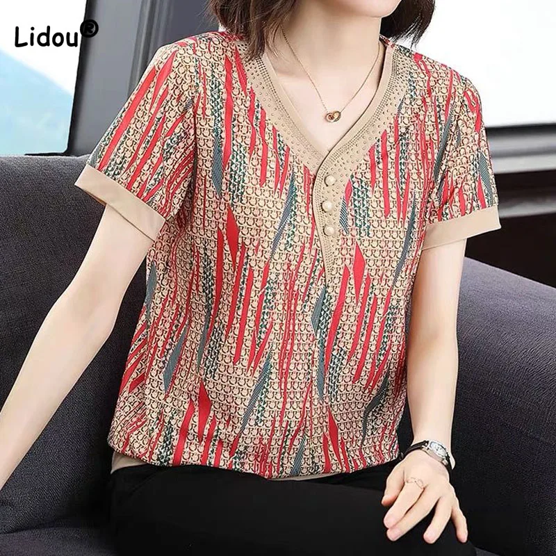 

Vintage Chic Diamonds Spliced Female Printed T-shirt Summer Women's Clothing Fashion Short Sleeve V-Neck Loose Pullovers Tops