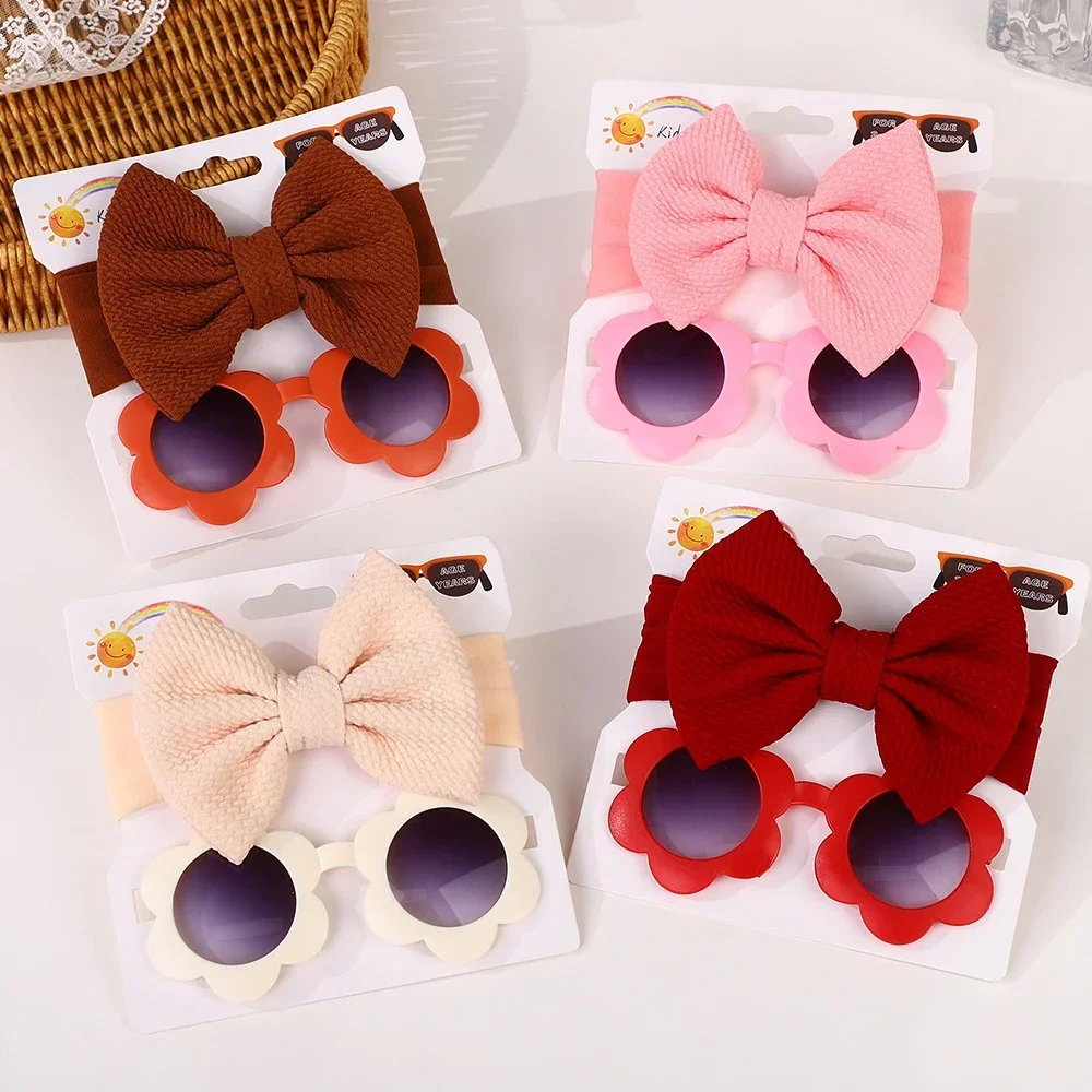New Fashion Baby Headband Glasses Set Elastic Big Bow Hair Band for Infant Toddler Sunflower Satin Ribbon Bow Hair Clip