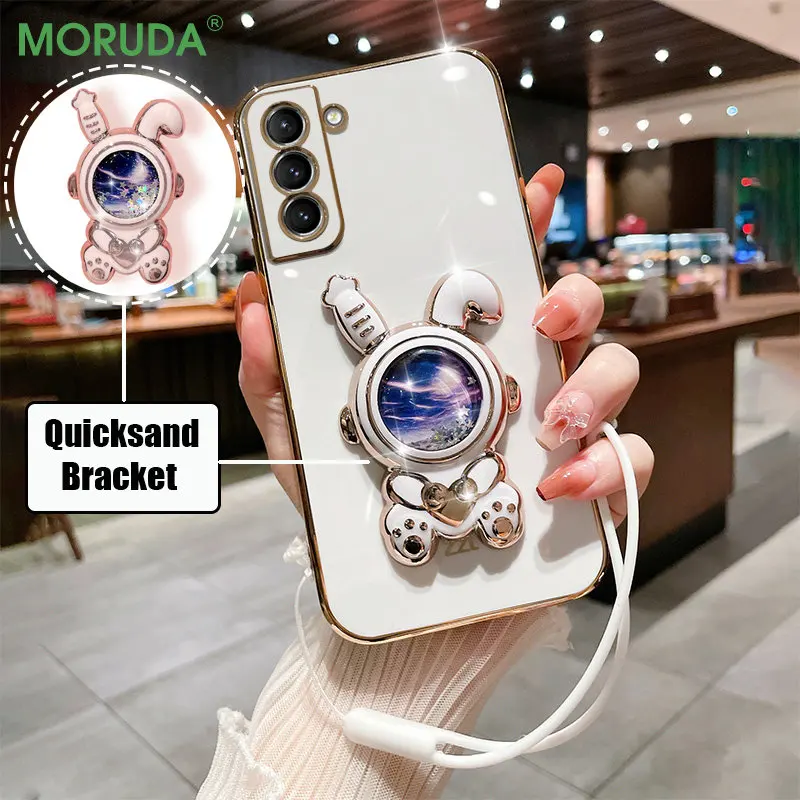 3D Quicksand Rabbit Fold Bracket Case für Samsung Galaxy S23 S22 Note20 S21 S20 Ultra Plus FE A73 A53 A72 A52 Cover mit Lanyard_voghion.com
