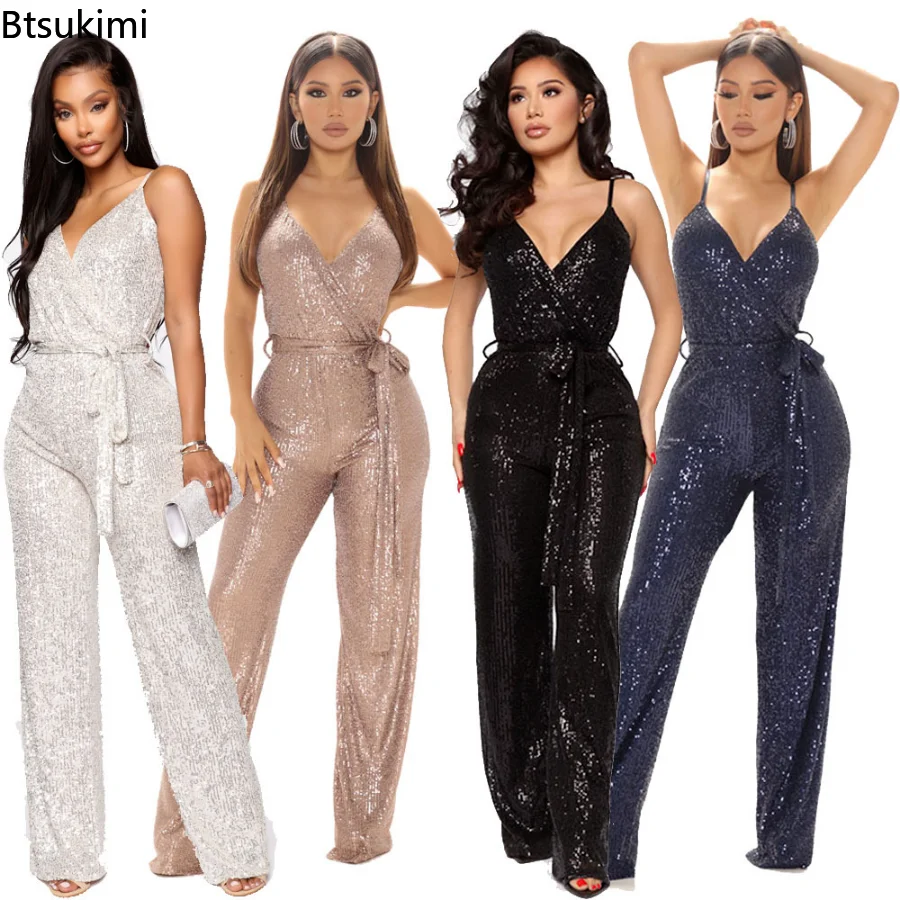 2023 Women Sexy Jumpsuit V Neck Sequins Sleeveless Casual Belt Overalls Female High Waist Playsuit Elegant Ladies Party Romper