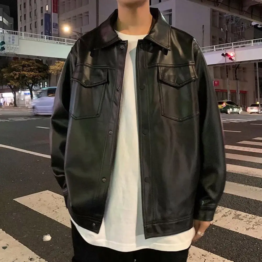 Men Motorcycle Faux Leather Jacket Large Size Pocket Zipper Lapel Slim Male Spring Autumn High Quality Turn-down Collar Pu Coat