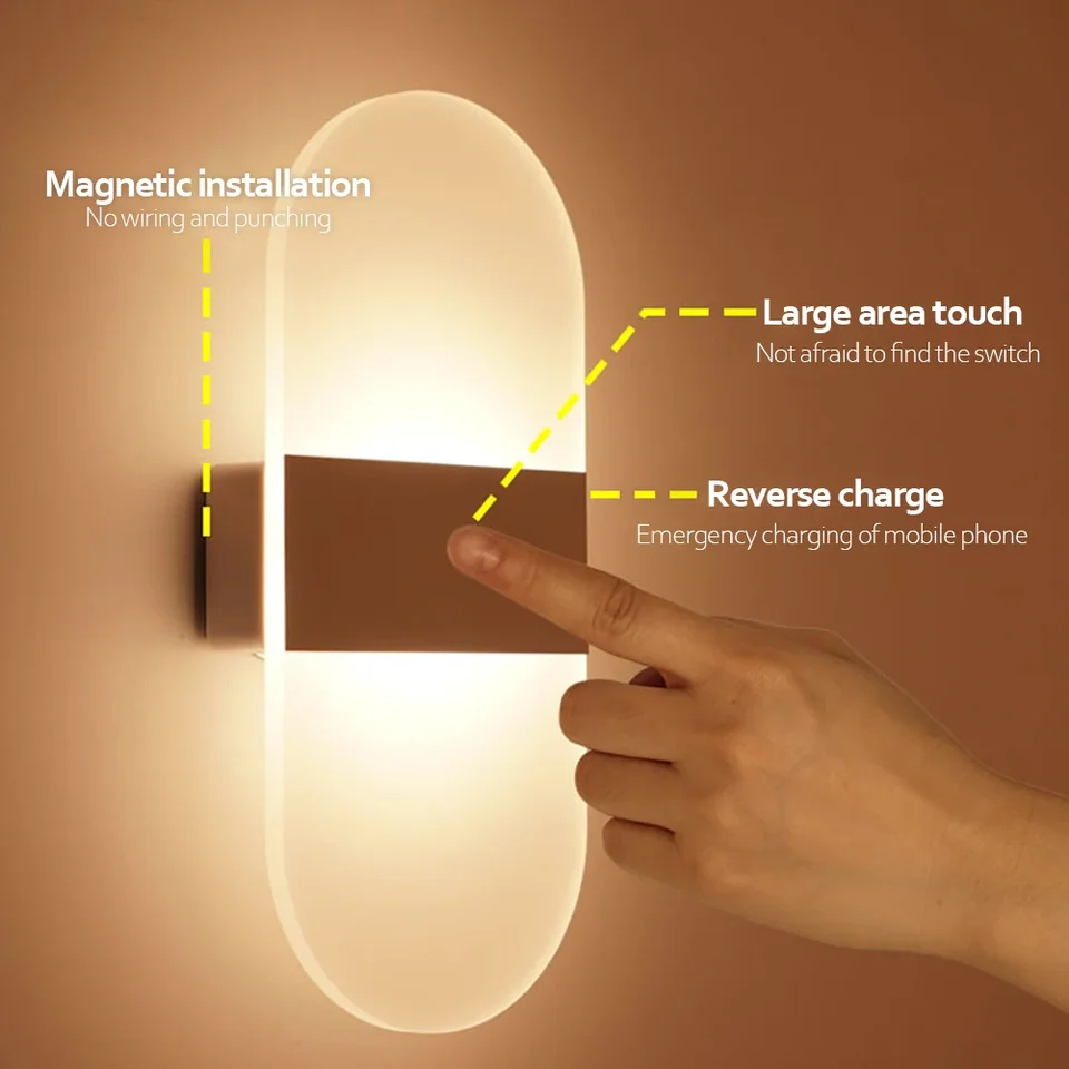 Motion Sensor Lights Indoor Night Light 6 LED Lamp Draagbare USB Oplaadbare Stick-On Verlichting voor Slaapkamer Trappen Keukenkast Badkamer Corridor Draadloos Licht 2 stks,White