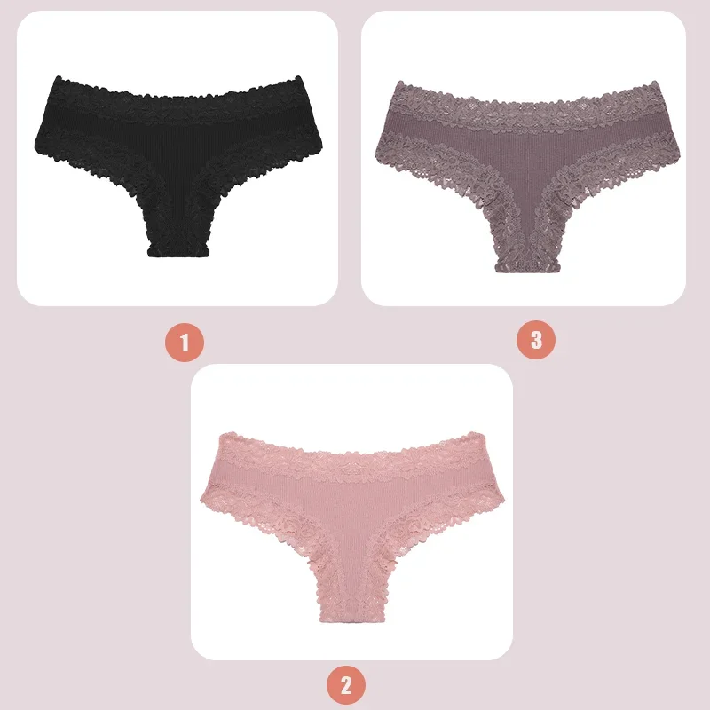3PCS New women's underwear cotton crotch triangle pants, comfortable and sexy mid waist threaded cotton triangle pants