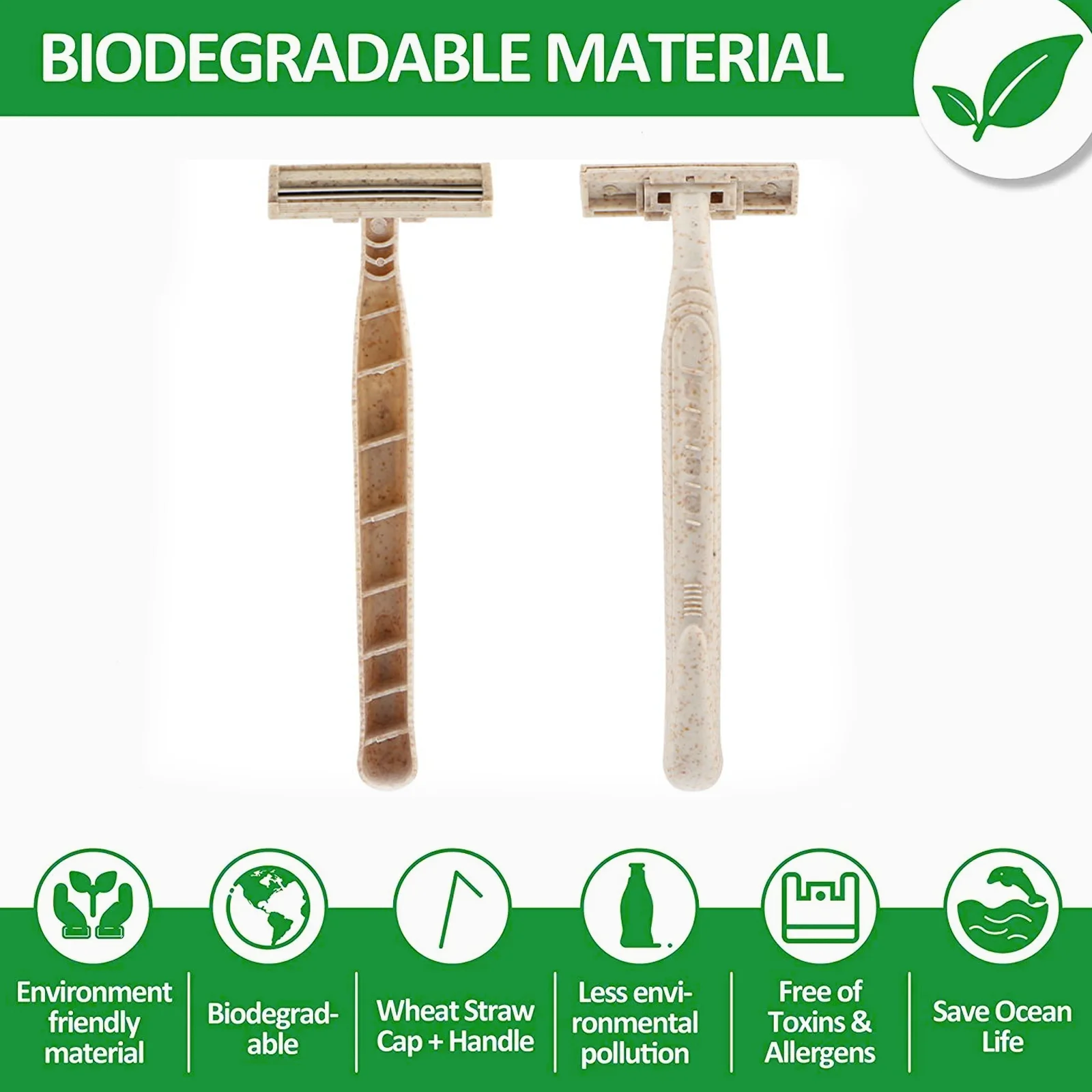 Eco-Friendly Disposable Razors with Biodegradable Wheat Straw Handle and Stainless Steel Blades