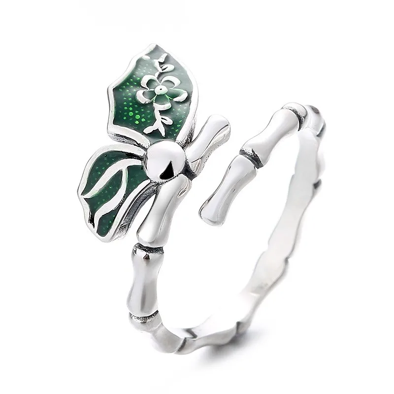 

756JM ZFSILVER Silver 925 Fashion Adjustable Luxury Creative Retro Bamboo Knot Green Butterfly Rings Girls Women Wedding Jewelry