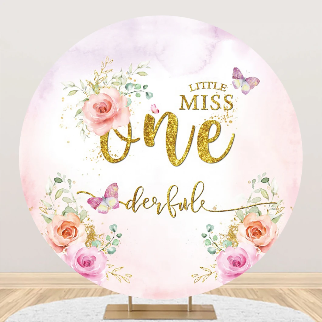 

Little Miss Onederful Round Backdrop Pink Flower 1 Year Old Party Decorations Sweet Girls First Birthday Background Circle Cover