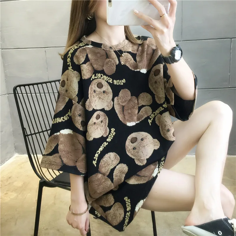 

2024 Summer New Casual Versatile Loose Cartoon Bear Printed Short Sleeve T-shirt Large Medium Length Women's Clothing Top