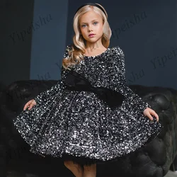 Grey Flower Girl Dress Long Sleeves Scoop Neck Sparkling Sequin Puff First Communion Gown Above Knee Christmas Party Dresses