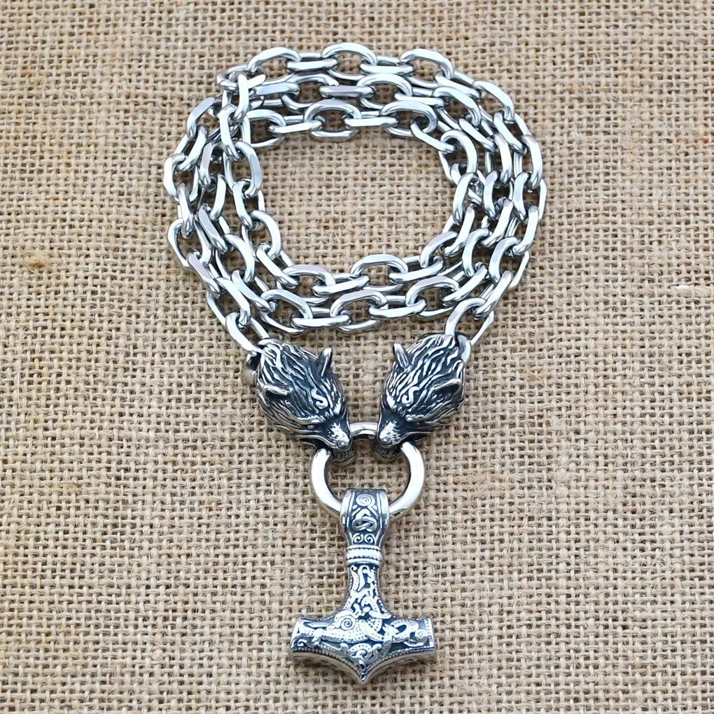Nordic Celtic Wolf Head Chain Necklace Stainless Steel Viking Thor's Hammer Amulet Pendant Necklace Viking Jewelry