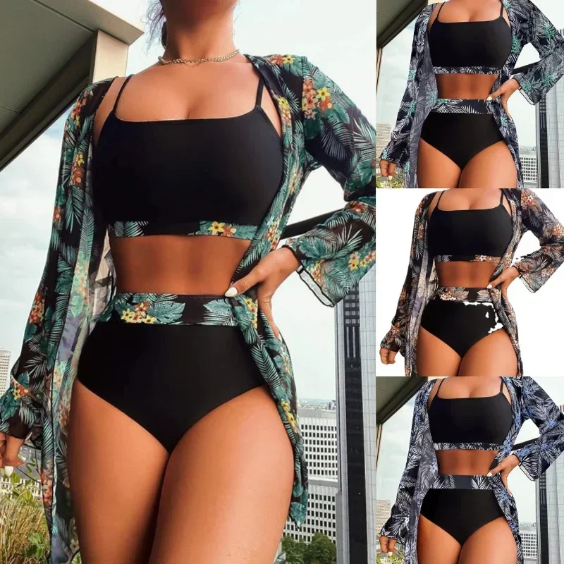

Женский купальник, комплект из трех предметов, собранный с высокой талией, консервативный сетчатый солнцезащитный купальник, бикини 2023, Женская пляжная одежда для серфинга