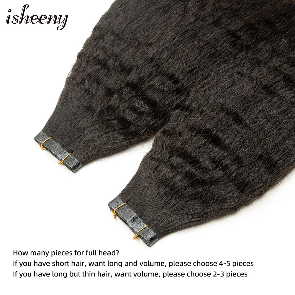 isheeny PU Weft Tape Hair Extensions Kinky Straight 12-30inch Natural Black Human Hair Bundles No Glue on Seamless 40-50g