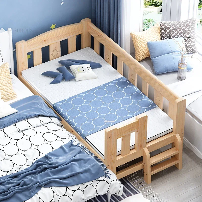 Nordic Solid Wood Small Children's Beds with Guardrails Single Bedside Bed for Boys and Girl Widened Spliced Large Bed Furniture