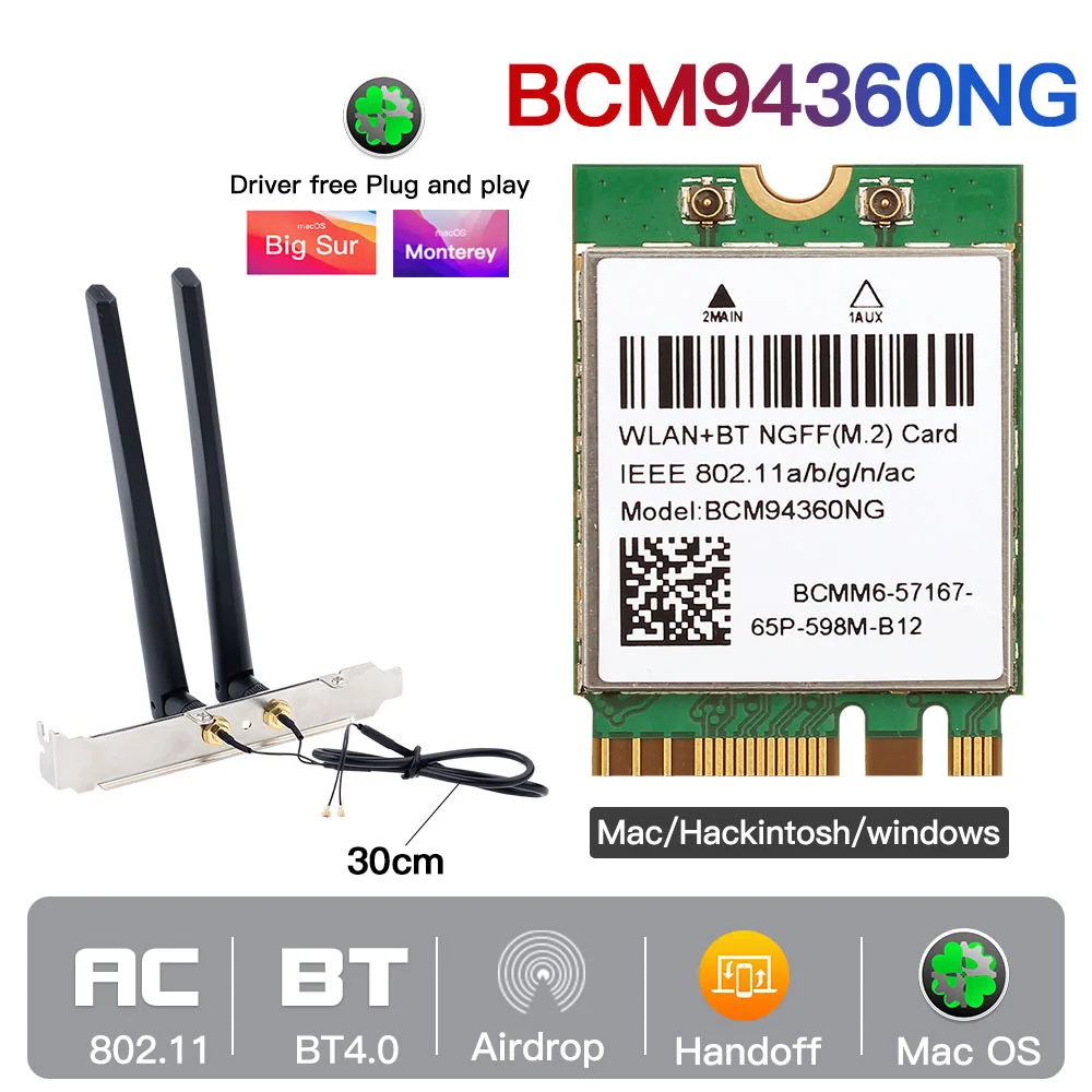 DERAPID BCM94360NG Wifi Card Bluetooth For PC Hackintosh Windows 7/10