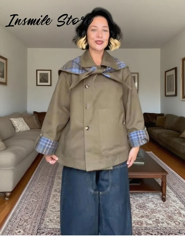 شيك منقوشة مزدوجة الجانب معاطف النساء التلبيب واحدة الصدر كم طويل جيب الدانتيل يصل سترة 2025 الخريف سيدة أبلى غير رسمية جديد