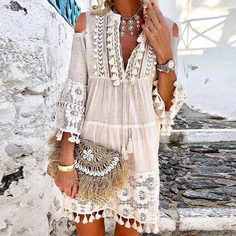 

Hollow Out Dress Summer Women Casual Party Bohemian Dress Sweet V-Neck Solid Lace Tassel Mini Dress Wholesale Free Ship платье