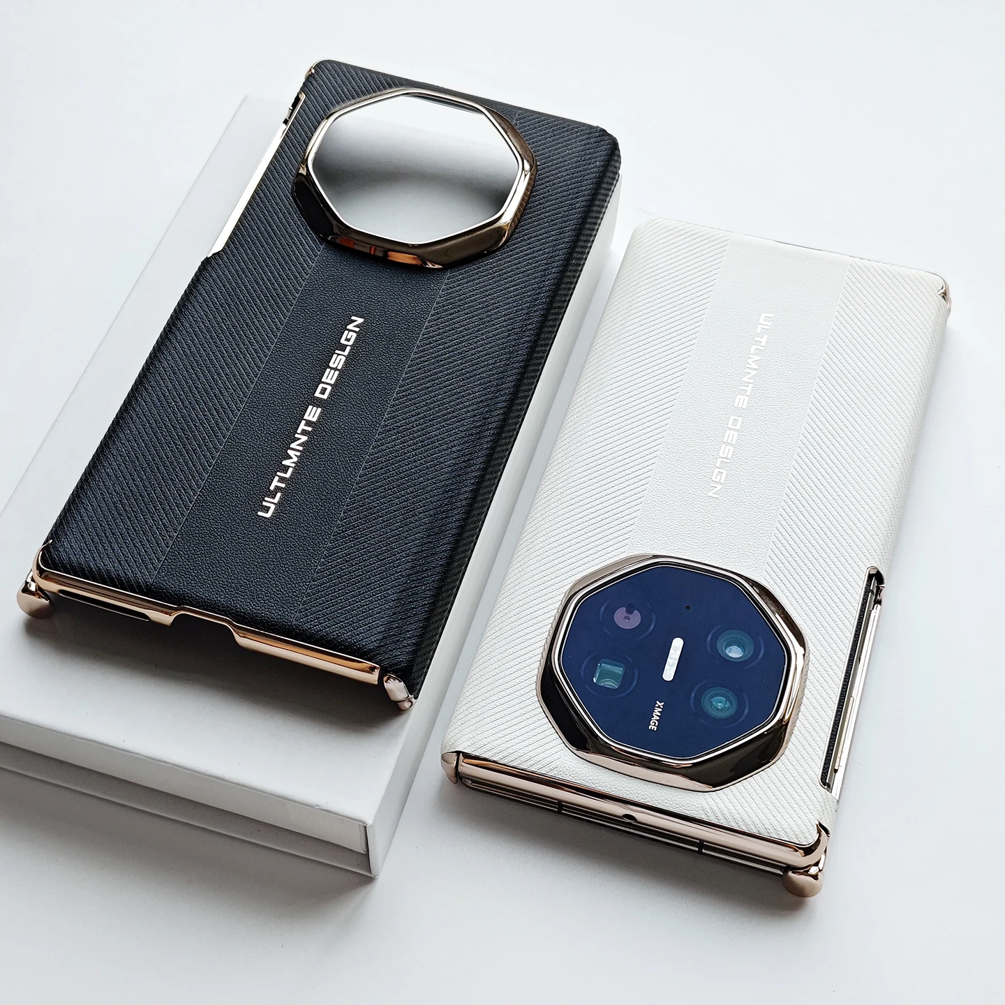 Luxurious Leather Electroplated Gold Frame Dual Hinge Case with Camera Protection Cover