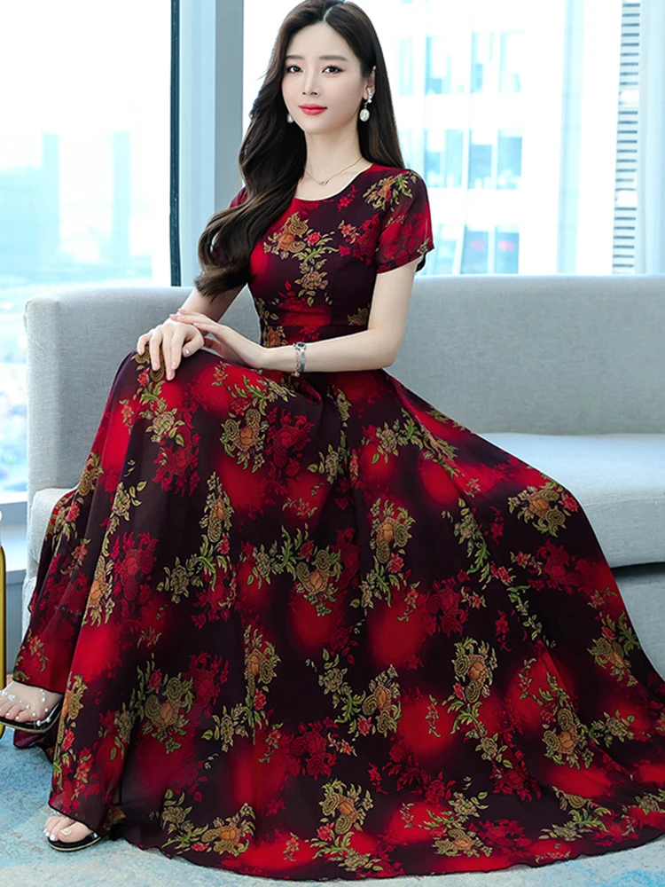 

Chiffon Summer Red Floral Midi Casual Vintage Dress Boho Maxi Chic Elegant Fashion For Women 2023 Green Party Bodycon Dresses