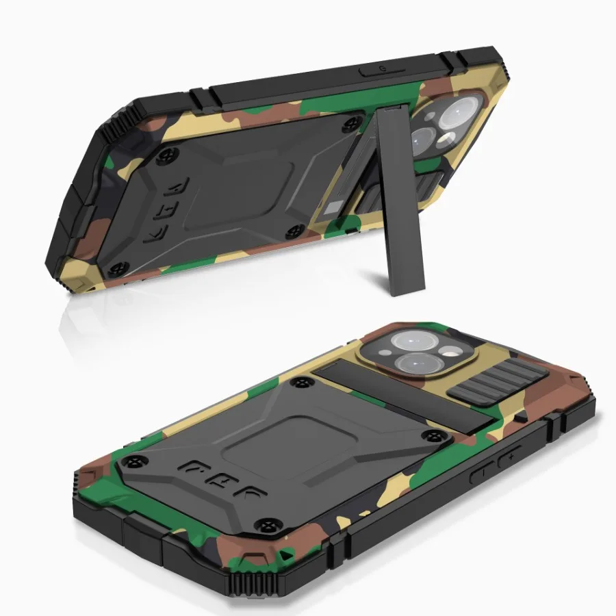 For iPhone 15 14 Pro 13 Pro Max Aluminum Metal Armor Phone Case With Screen Tempered Glass Heavy Duty Outdoor Shockproof Cover